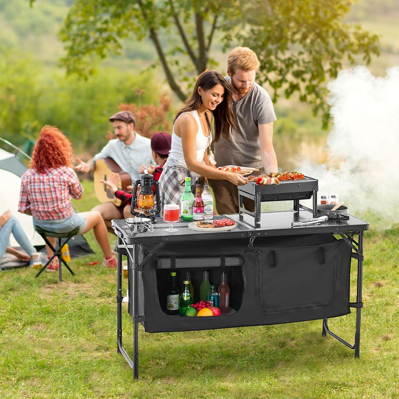 Camping Kitchen Table Folding Adjustable Height Cooking Station BBQ Storage Blac1
