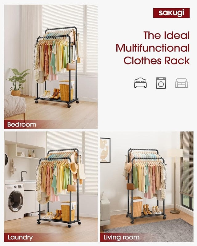 Clothes Rack with Double Rods, Mesh Shelf & Wheels, Metal Garment Rack Black2