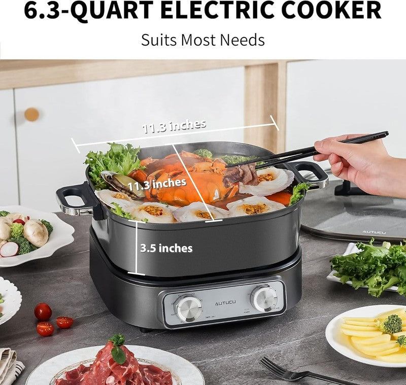 6QT Electric Skillet Nonstick Ceramic Hot Pot 1600W Timer 3 Power Settings1