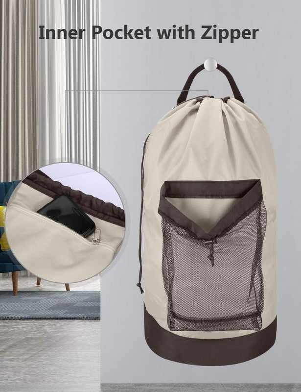 Backpack Laundry Bag with Straps & Mesh Pocket, Durable Nylon Clothes Khaki3