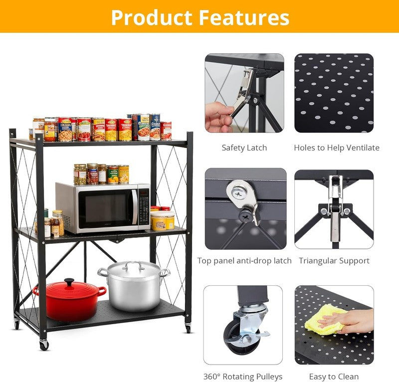 3 Tier Foldable Storage Shelf w Wheels Heavy Duty Metal Rolling Rack Black3
