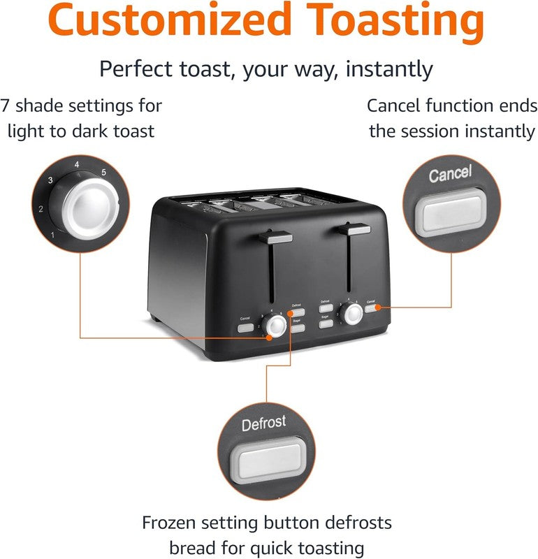 4 Slice Toaster Black & Silver - Wide Slots, 7 Shades, Bagel, Defrost, 1500W1