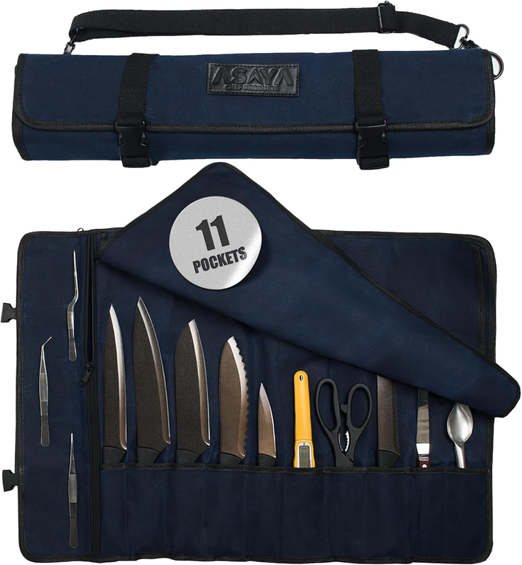 Canvas Chef Knife Roll Bag 10 Slots Large Pocket Adjustable Shoulder Strap0