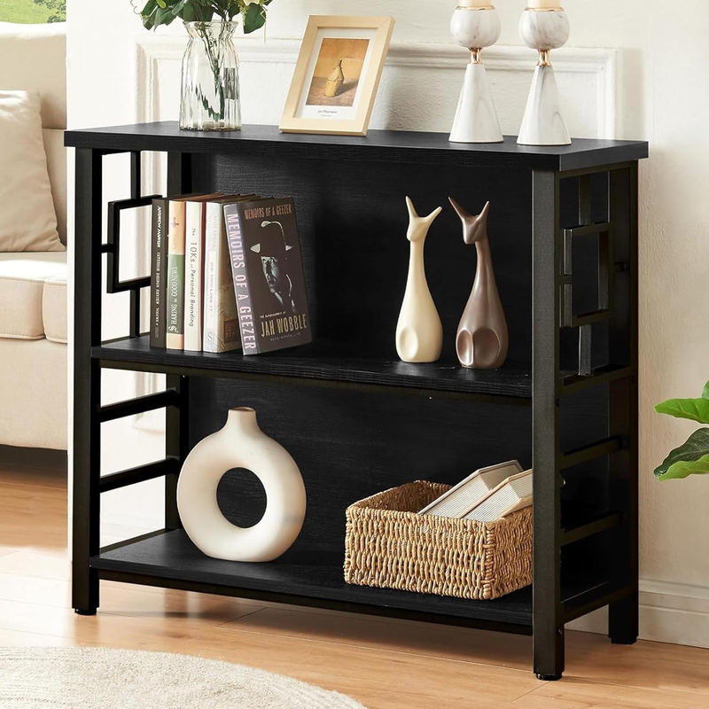 3 Tier Bookshelf Black Engineered Wood Metal Storage Bookcase Low Shelf9