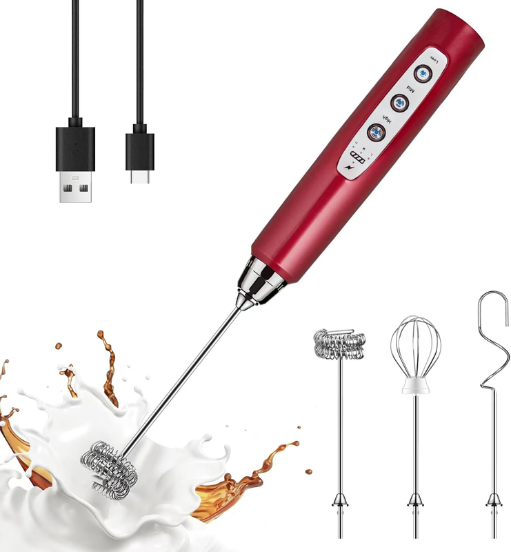 Milk Frother Handheld USB Rechargeable 3 Speed 3 Heads Coffee Whisk Red10