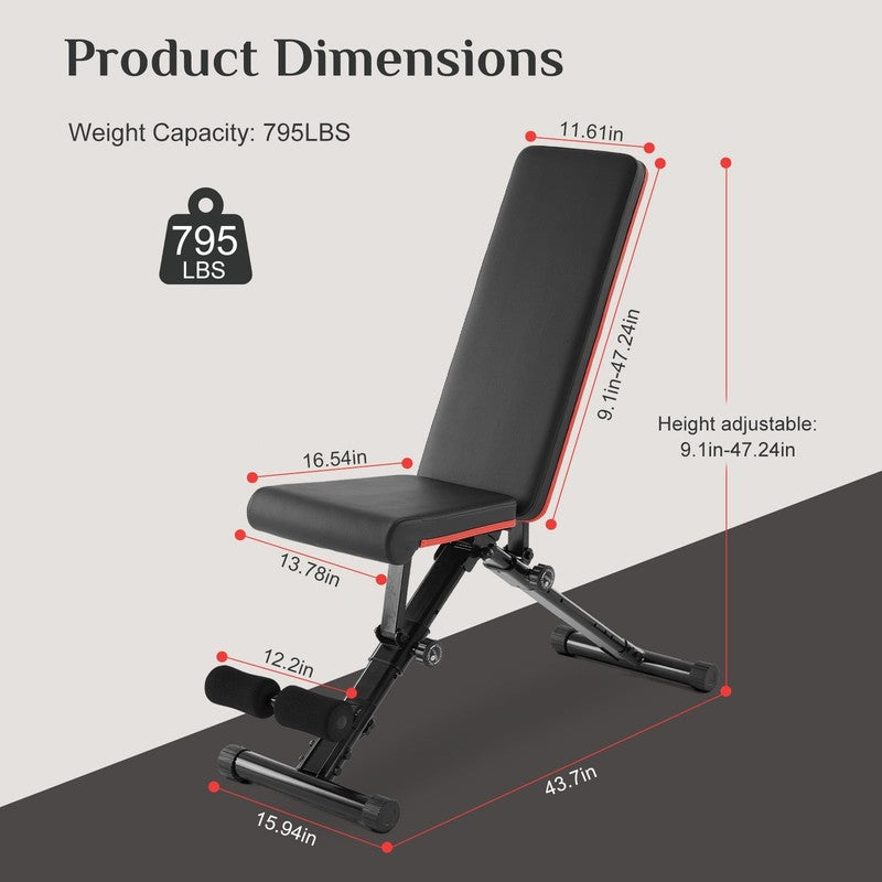 Weight Adjustable Workout Bench for Home Gym, 795LBS Capacity Foldable Bench Pre2
