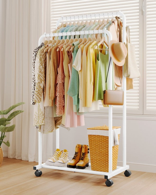 Double-Rod Clothes Rack with Hooks & Mesh Shelf Portable Hanger White1