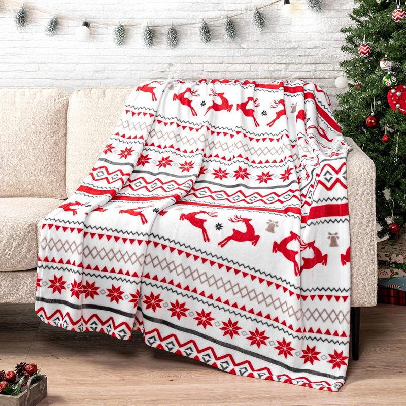 Christmas Throw Blanket White Reindeer Snowflake Fleece Soft Warm Plush 50"x60"9