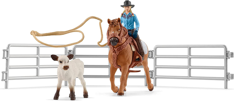 Farm World Rodeo Roping Playset   Cowgirl Rodeo Rider Figurine with Cow, Pen, an8