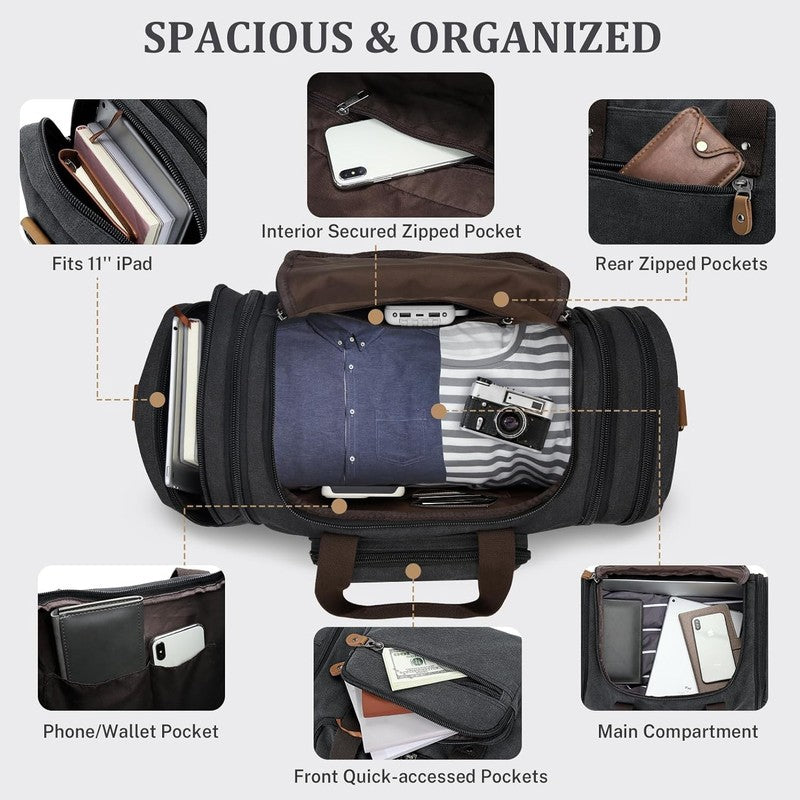 50L Canvas Duffle Bag Travel Expandable Weekend Overnight Duffel Men Dark Gray3