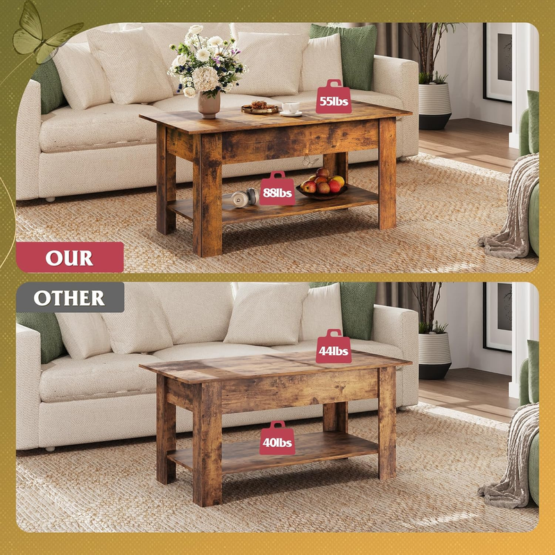 39" Lift-Top Coffee Table with Storage Shelf Rustic Brown6
