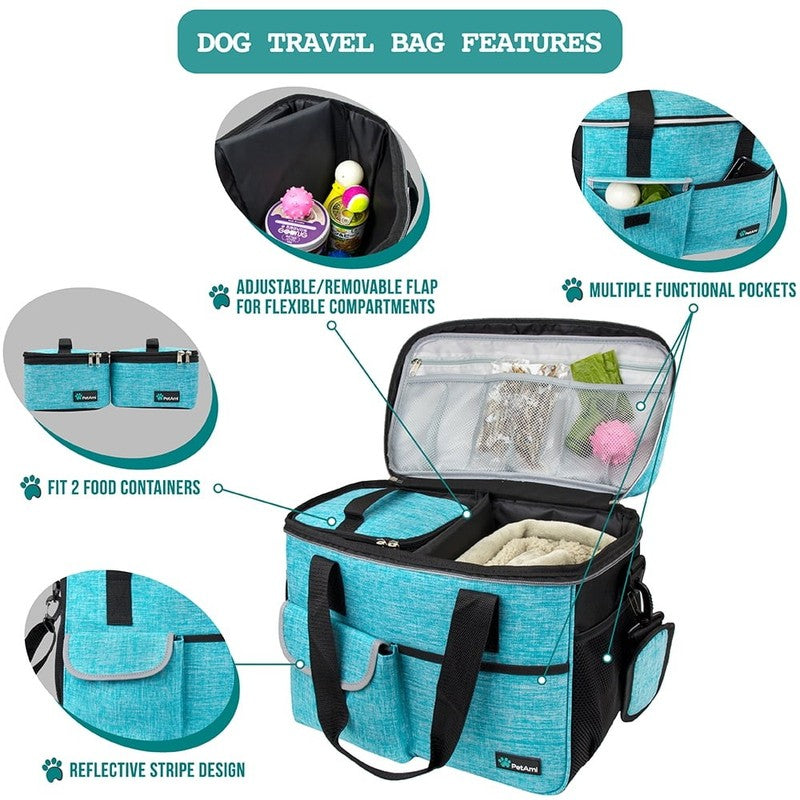 Dog Travel Bag with Food Container & Bowls  Pet Travel Supplies, Medium Sea Blue1