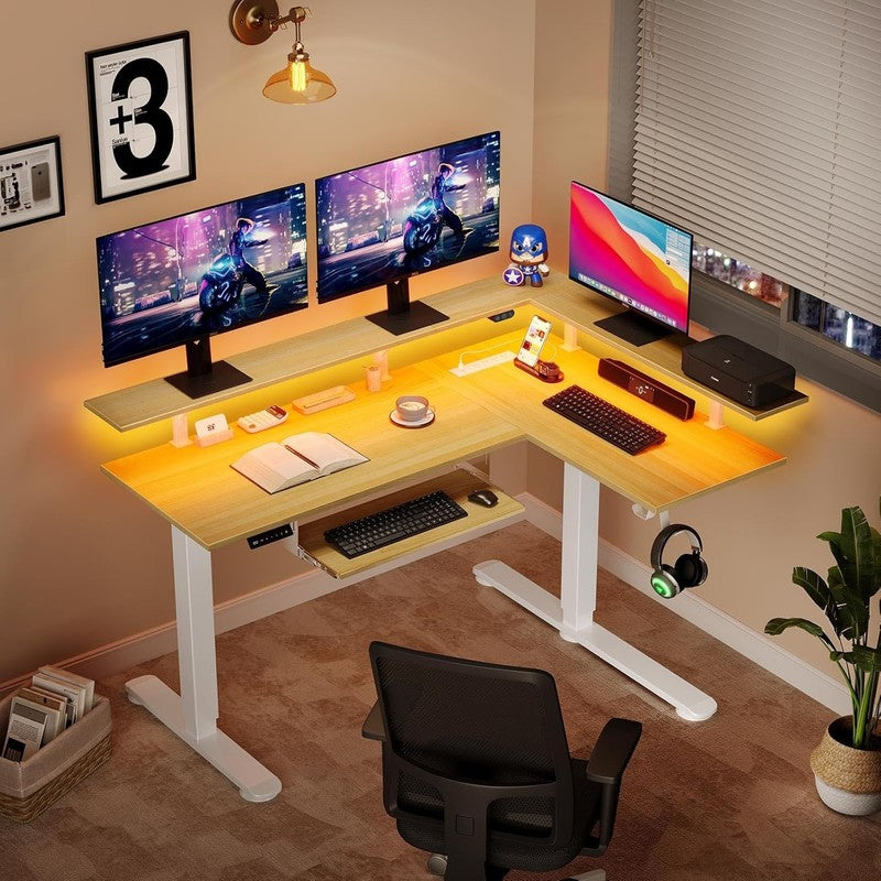 L Shaped Electric Standing Desk w/ Keyboard Tray LED Power Beige1