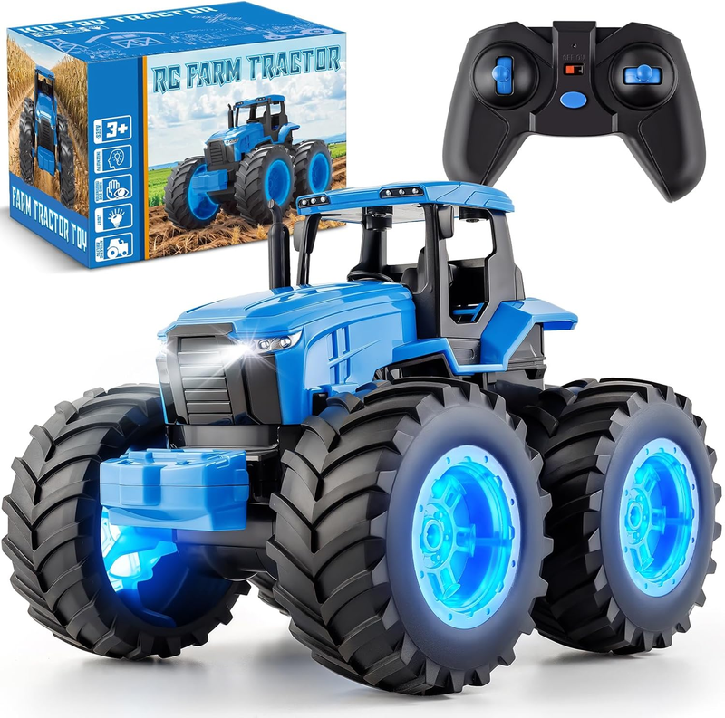 Remote Control Tractor Toys, Light up Farm Monster Trucks Toy for Boys 3, 4, 5, 7