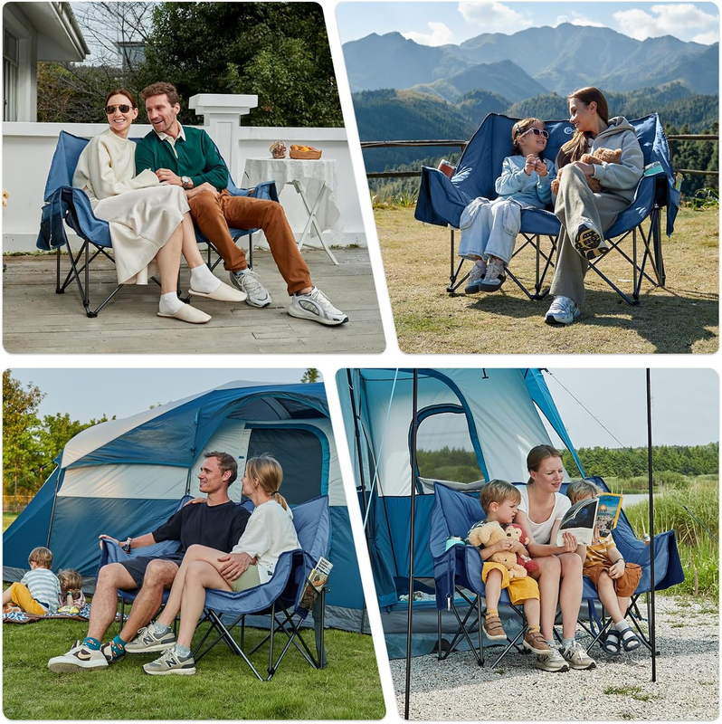 Double Camping Chair 2 Person Folding Loveseat 600lbs Cup Holder Portable7