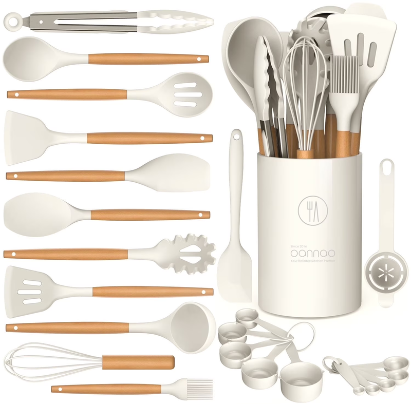 Silicone Kitchen Utensil Set Wooden Handle Holder Heat Resistant Cream White0