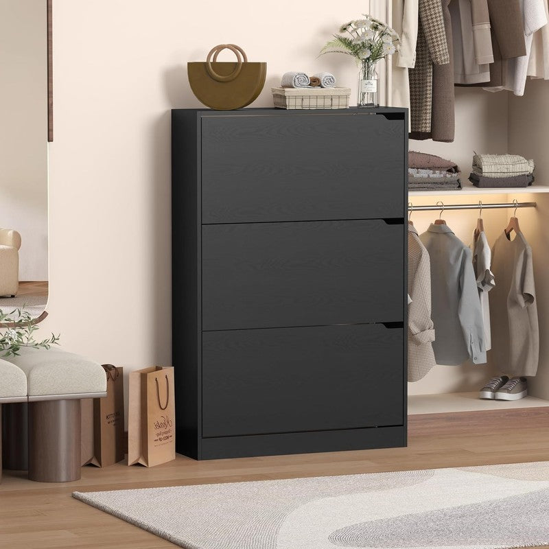 47'' Shoe Cabinet 3 Flip Drawers Slim Wood Storage Rack Organizer Entryway Black3