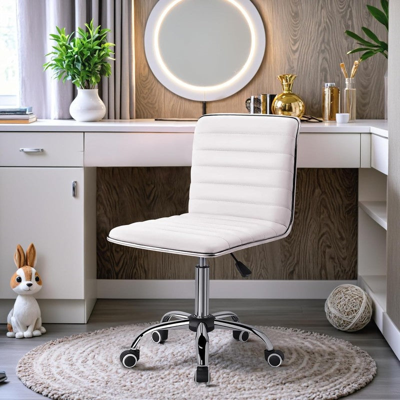 Retro White PU Leather Mid Back Vanity Chair with Swivel Design3