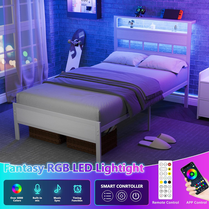 Twin Bed Frame LED Charging Station Storage Headboard Metal Slats White2