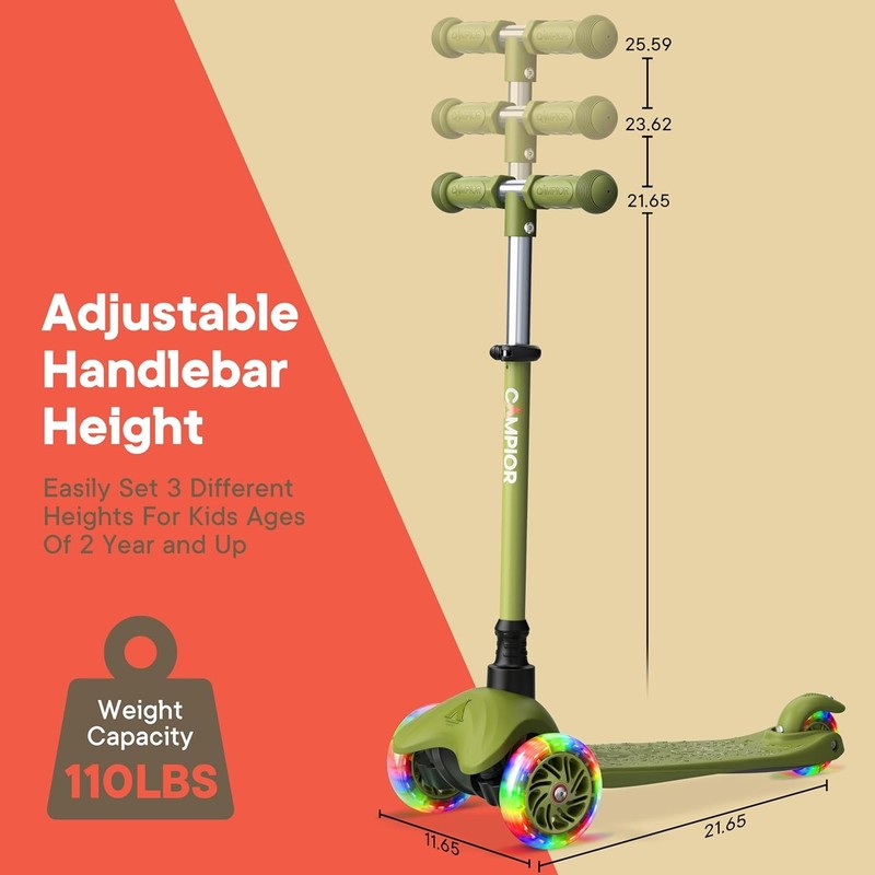 Kids 3 Wheel Scooter Lean to Steer LED Wheels Adjustable Handlebar Neon Green5