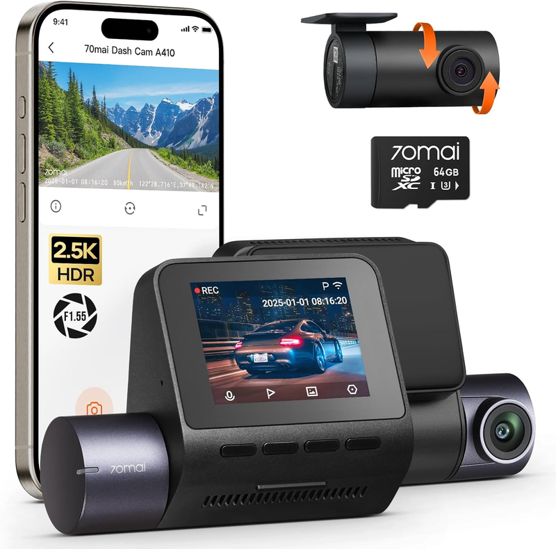2.5K+1080P Dual Dash Cam Front/Rear A410 WiFi GPS Night Vision 64GB Included8
