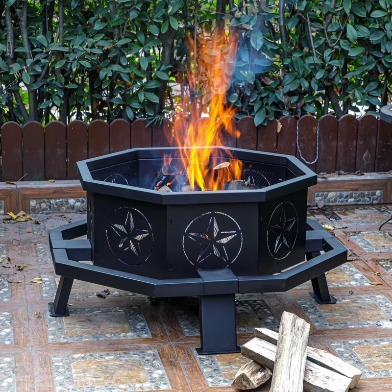 Octagon Wood Fire Pit, 35" Metal Outdoor Firepit for Patio Party Black7