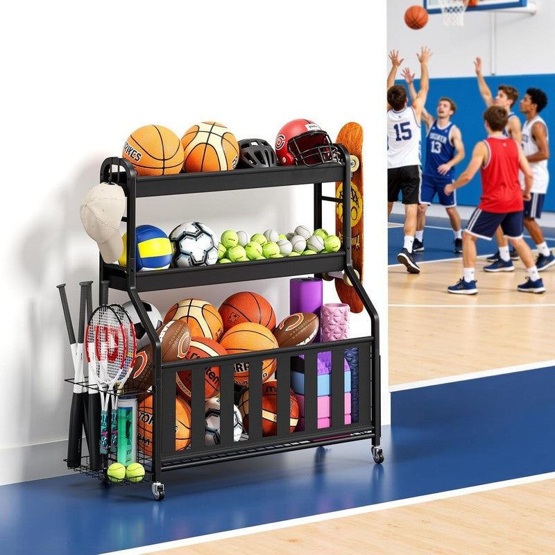 Sports Equipment Organizer, Rolling Ball Storage Cart with Locking Wheels, Hooks7
