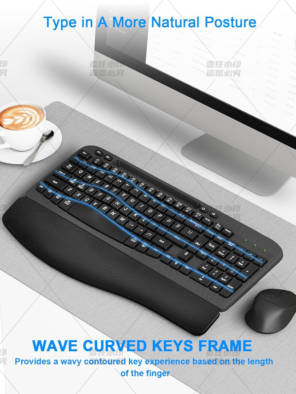 Wireless Keyboard and Mouse Combo, Wave Keys Computer Ergonomic Keyboard with Cu5