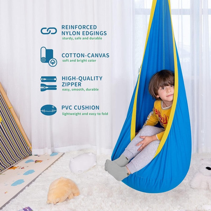 Kids Pod Swing Seat Cotton Hammock Sensory Chair Indoor Outdoor Blue Yellow3
