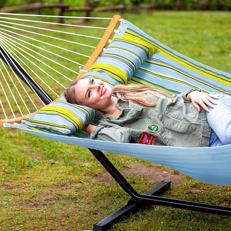 Outdoor Hammock with Stand Double Portable Hammock Yellow Blue Stripe1
