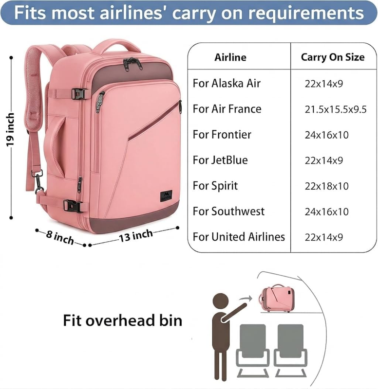 Pink 40L Carry On Backpack Women Water Resistant Travel Bag1