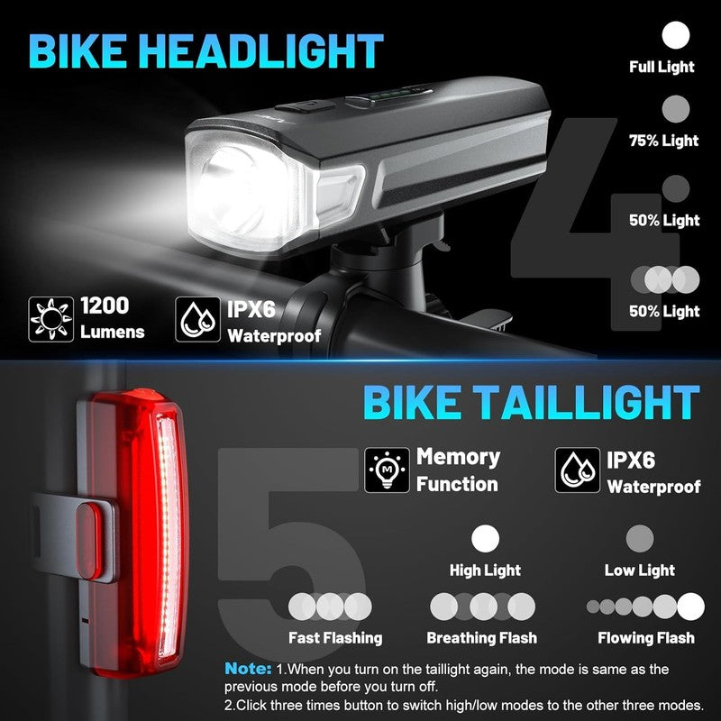 USB Rechargeable Bike Lights Set Front Headlight & Rear Taillight 4+5 Modes3