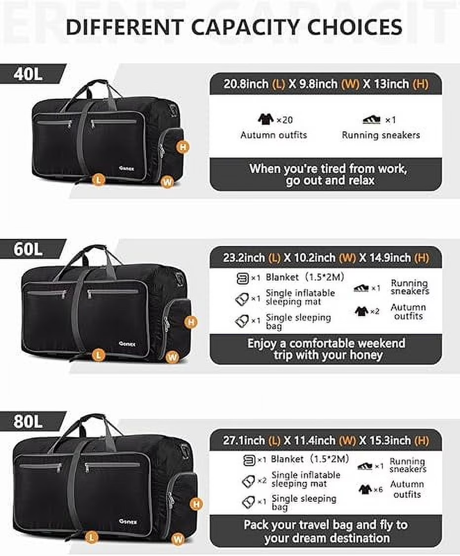40L Foldable Travel Duffle Bag Gym Weekender w/Shoe Comp Waterproof Black2