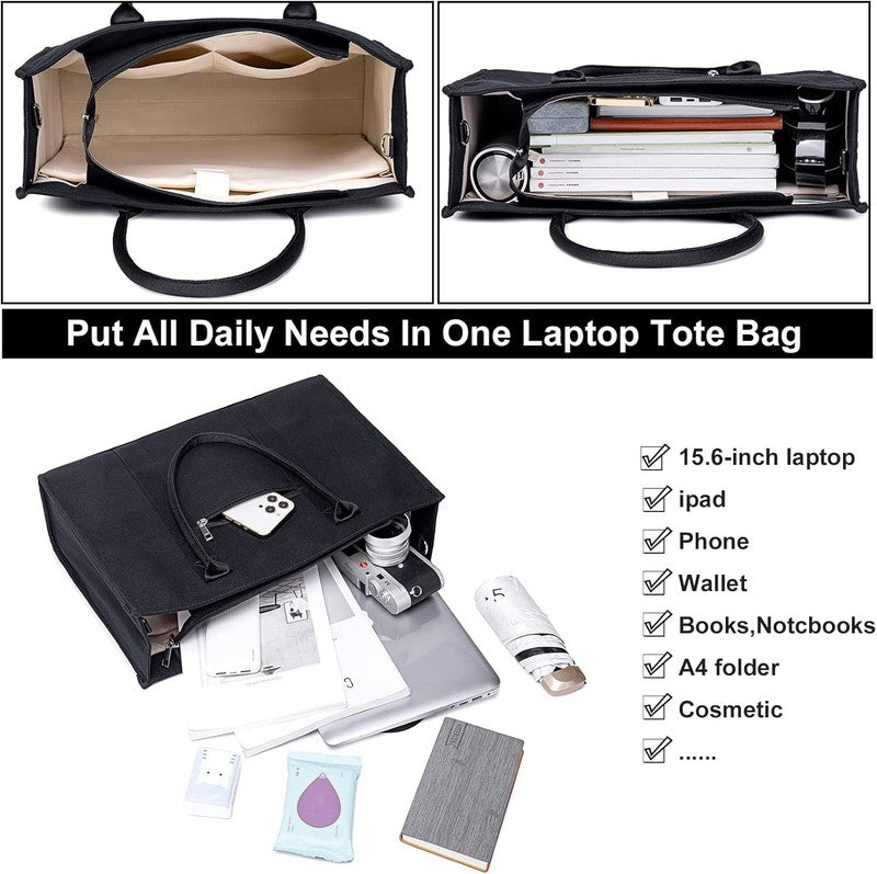 15.6" Laptop Tote Bag Women Canvas Work Messenger Shoulder Bag Office Handbag3