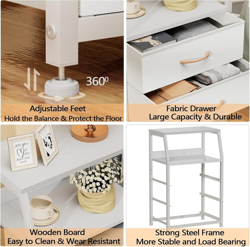White Nightstand with 3 Drawers and 2 Tier Shelf, Small Night Stand End Table Si4