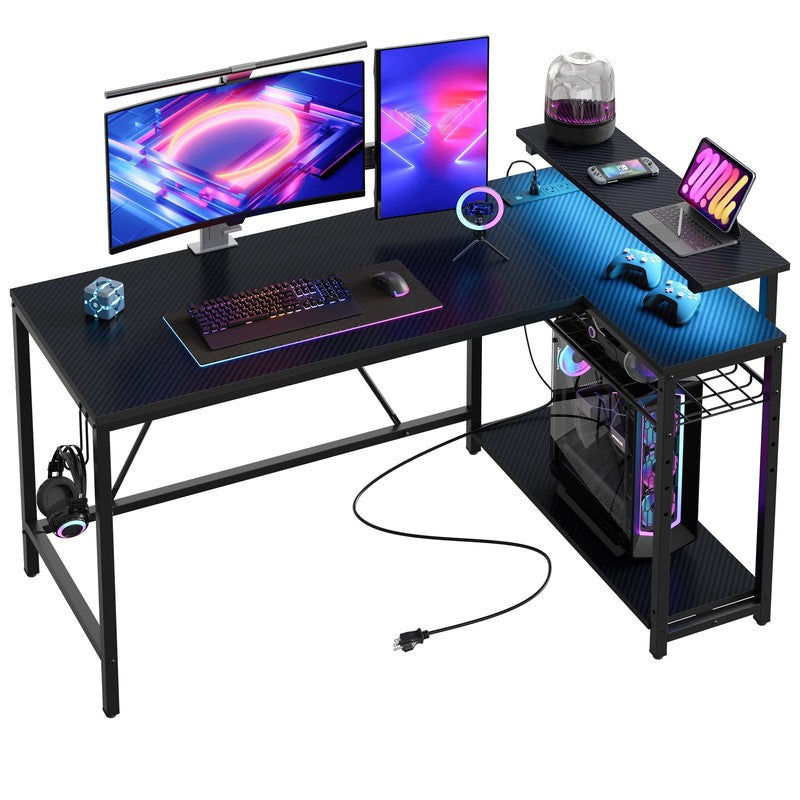 52" L-Shaped Gaming Desk LED with Power Outlet & Monitor Stand Carbon Fiber8