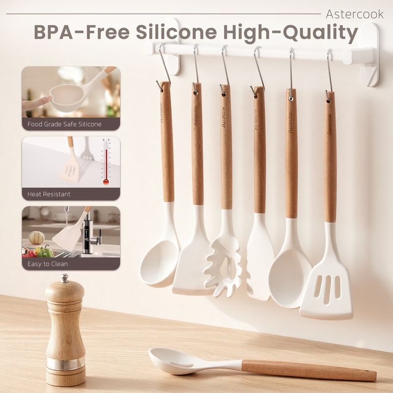 38PCS Silicone Kitchen Utensil Set Wooden Handle Heat Resistant White8