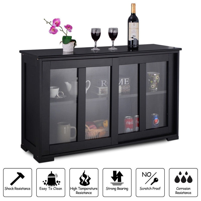 Black Kitchen Sideboard Buffet Storage Cabinet with Glass Sliding Doors4