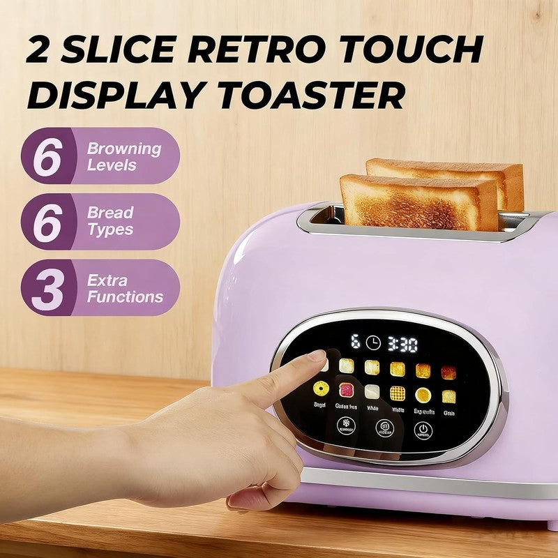 Smart Touch Screen 2 Slice Toaster Retro Stainless Steel 6 Bread Settings Purple1