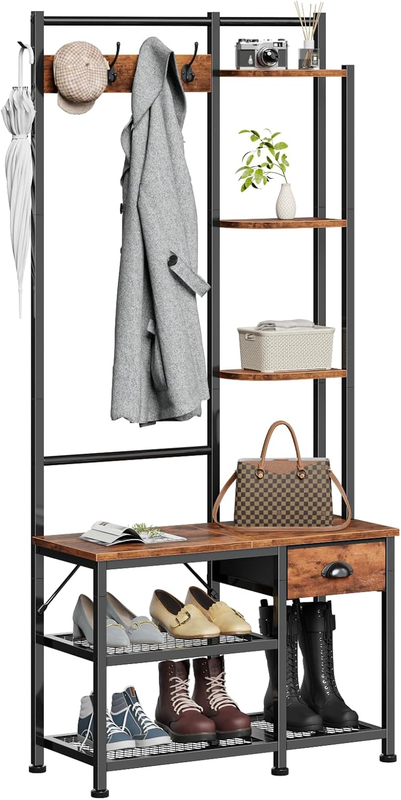 Hall Tree Entryway Bench with Coat Rack & Shoe Storage 4-in-1 Rustic Brown0