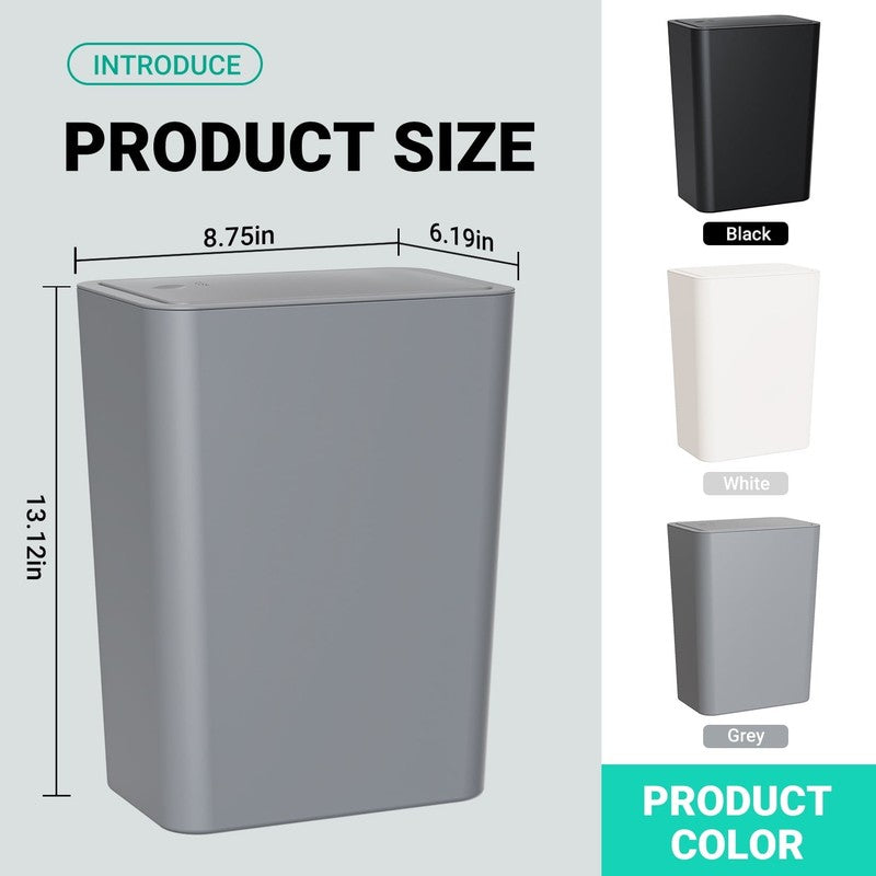 3-Pack Slim Trash Can with Lid, 10L for Home & Office - White, Black, Gray2