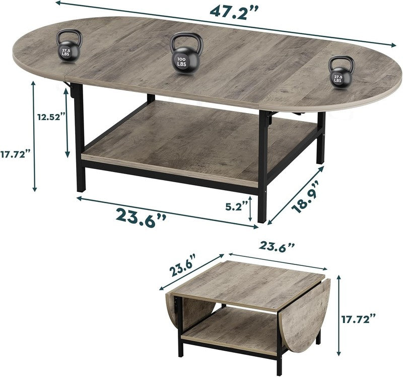 2 Tier Folding Coffee Table, Gray Wash, Vintage Farmhouse, with Storage1