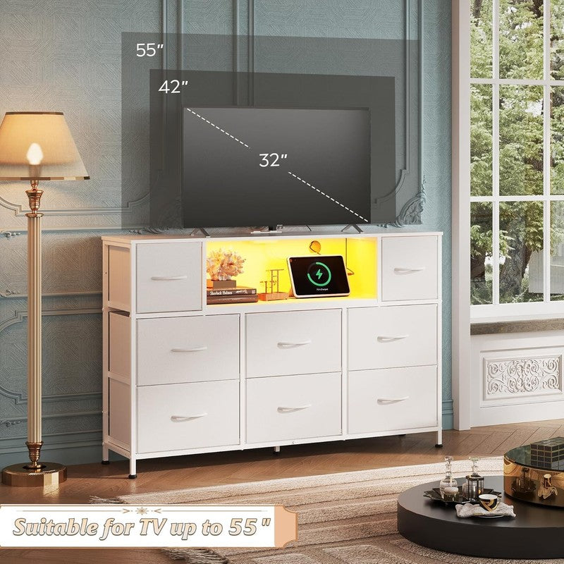 White TV Stand Dresser LED Lights Charging Station 8 Fabric Drawers Open Shelf5
