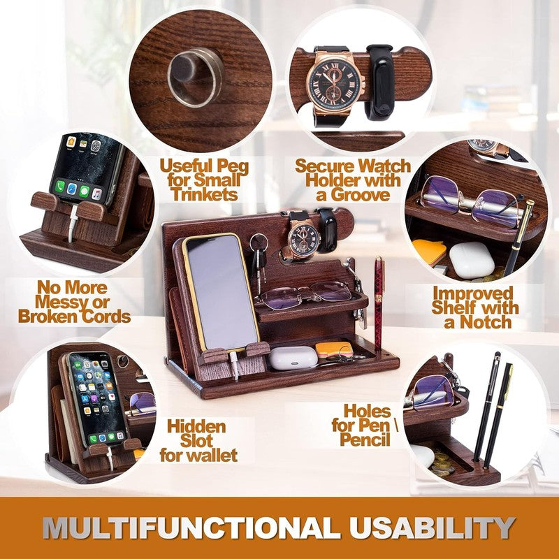 Wood Phone Docking Station for Men - Desk or Nightstand Organizer - Birthday Gif4