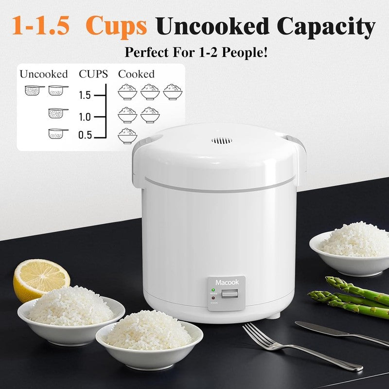 Mini Rice Cooker 1 1.5 Cups, Nonstick Pot, One Touch & Keep Warm, White Cooker2