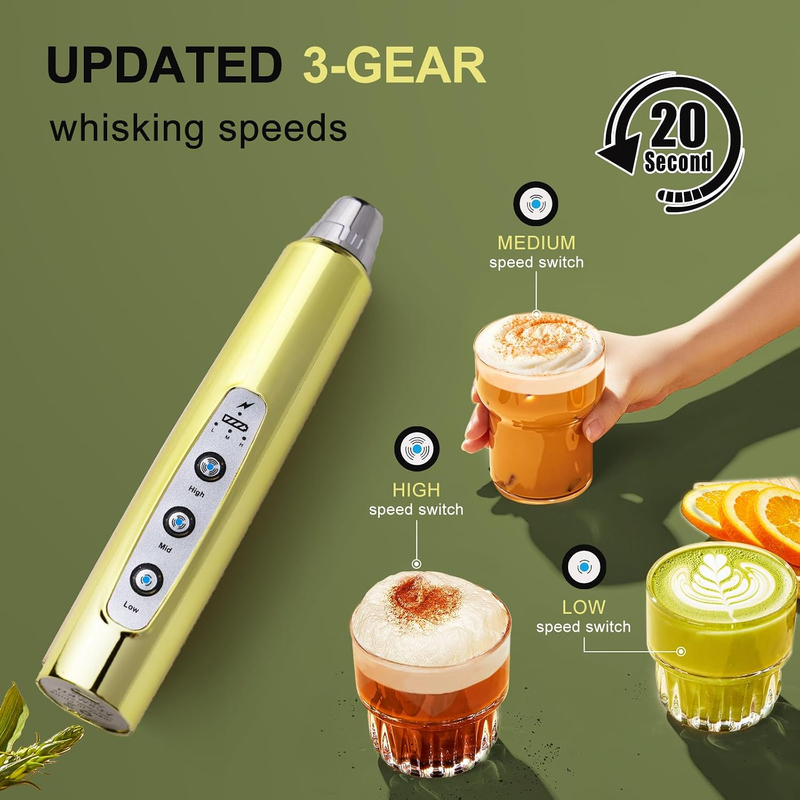 Milk Frother Handheld Champagne Gold Rechargeable 3 Speed 3 Heads Whisk2