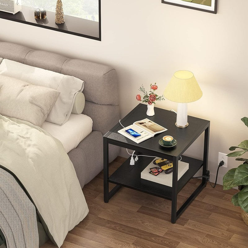 End Table with Charging Station 2 Tier Shelf Mini Fridge Stand Black5