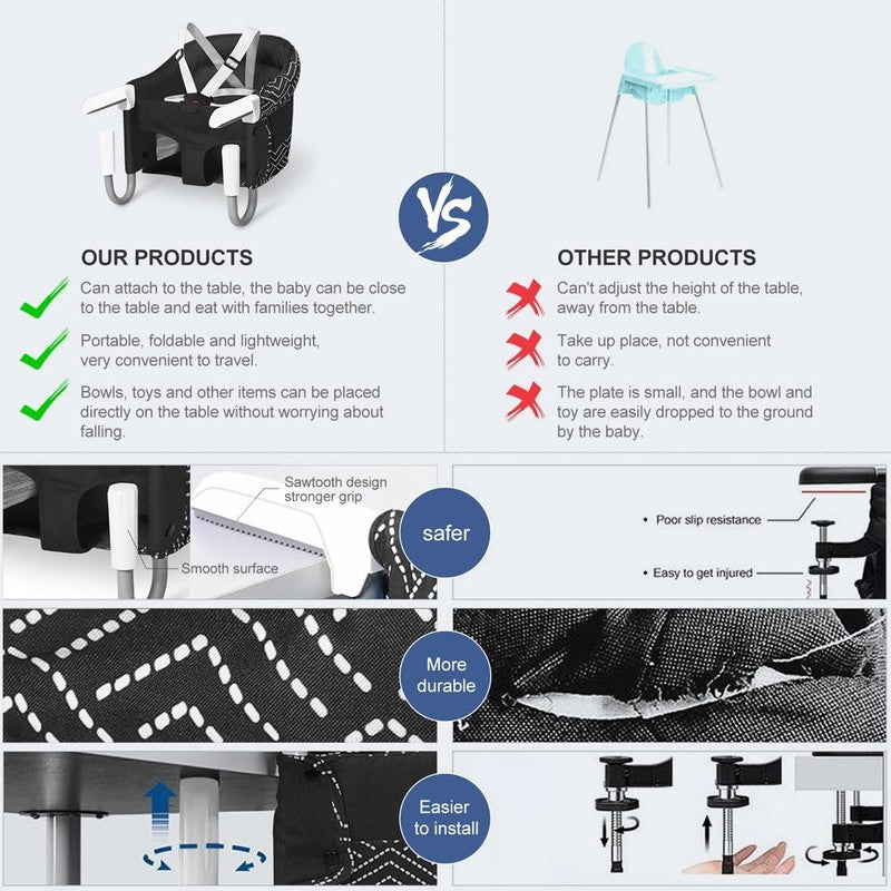Hook on High Chair Portable Clip on Baby Feeding Seat Stripe Black6