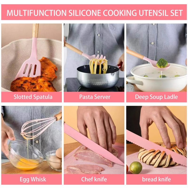 19 Piece Silicone Kitchen Utensil & Knife Set Heat Resistant Pink Gift1