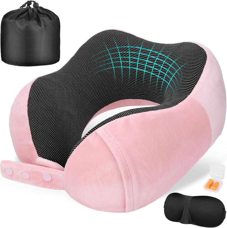 Adjustable 100% Memory Foam Travel Neck Pillow w/ Eye Mask, Earplugs & Bag9